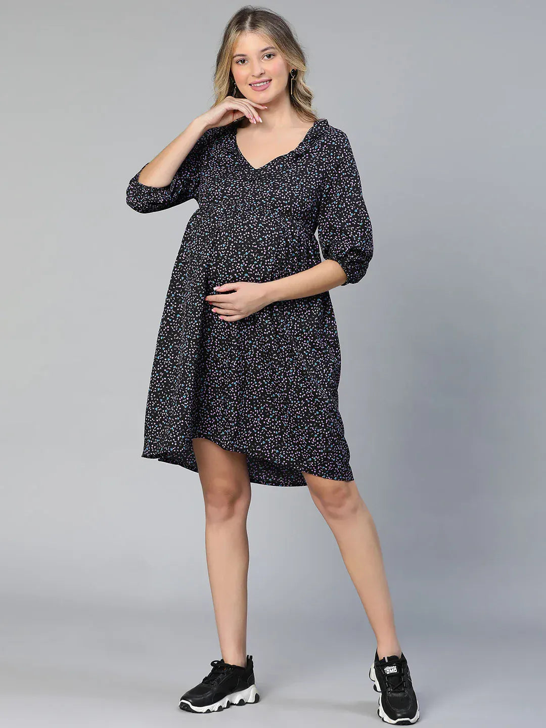 Women Navy Blue Floral Print Maternity Dress