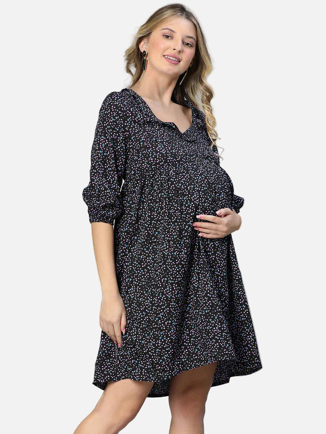 Women Navy Blue Floral Print Maternity Dress