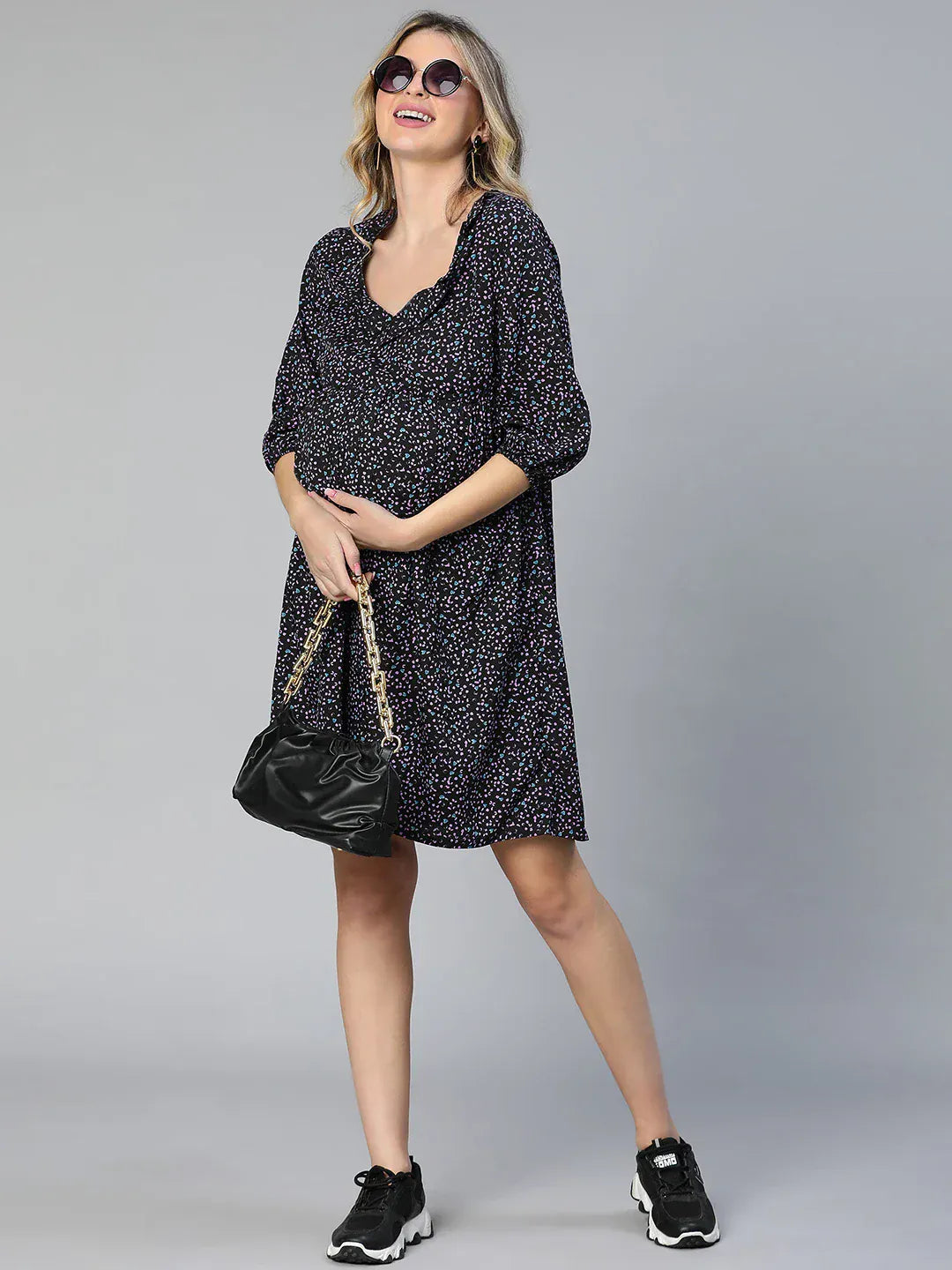 Women Navy Blue Floral Print Maternity Dress