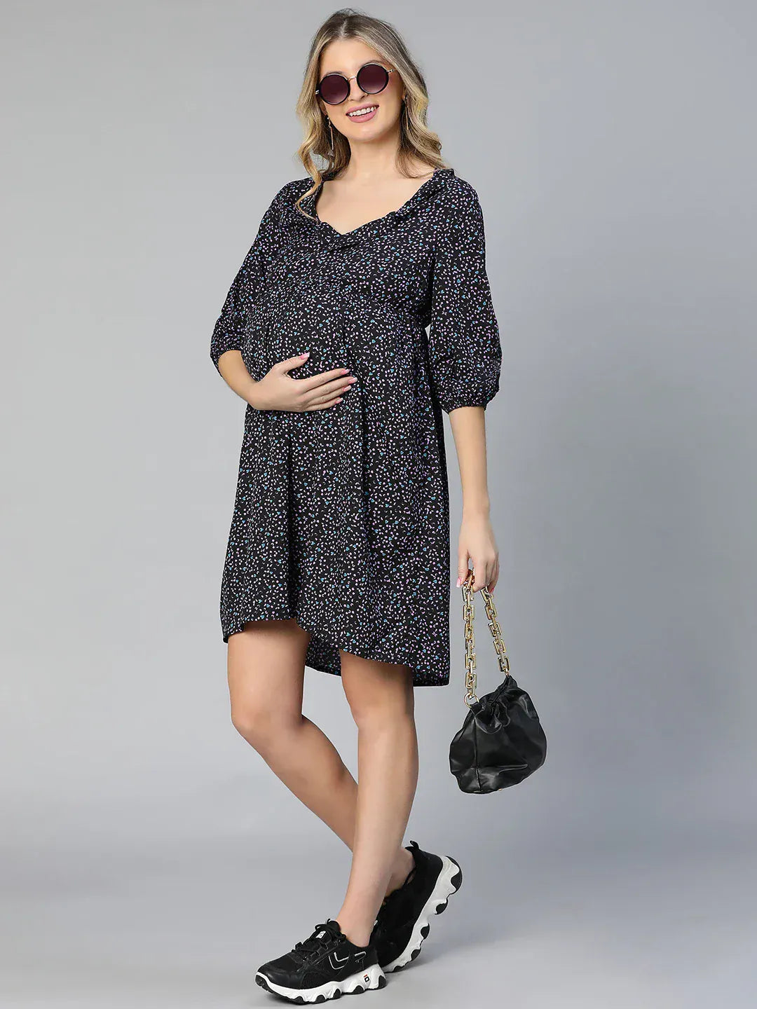 Women Navy Blue Floral Print Maternity Dress