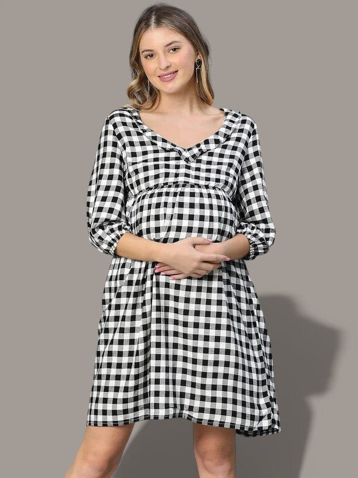 touched-black-ruffled-elasticated-check-print-maternity-dress