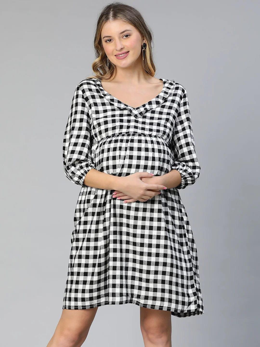 touched-black-ruffled-elasticated-check-print-maternity-dress