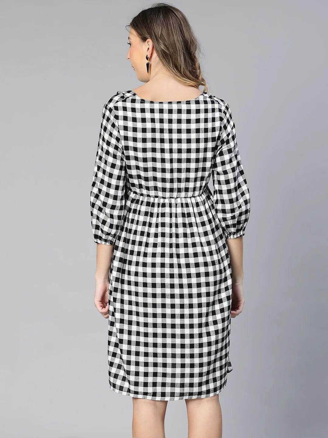 touched-black-ruffled-elasticated-check-print-maternity-dress