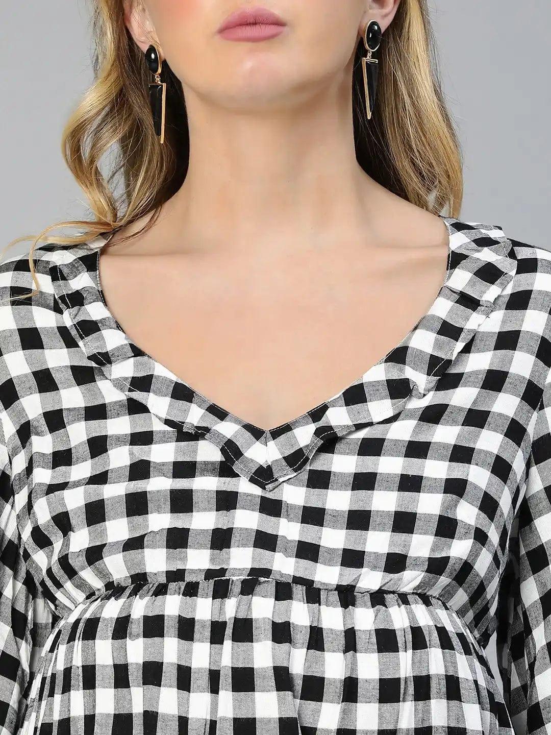 touched-black-ruffled-elasticated-check-print-maternity-dress
