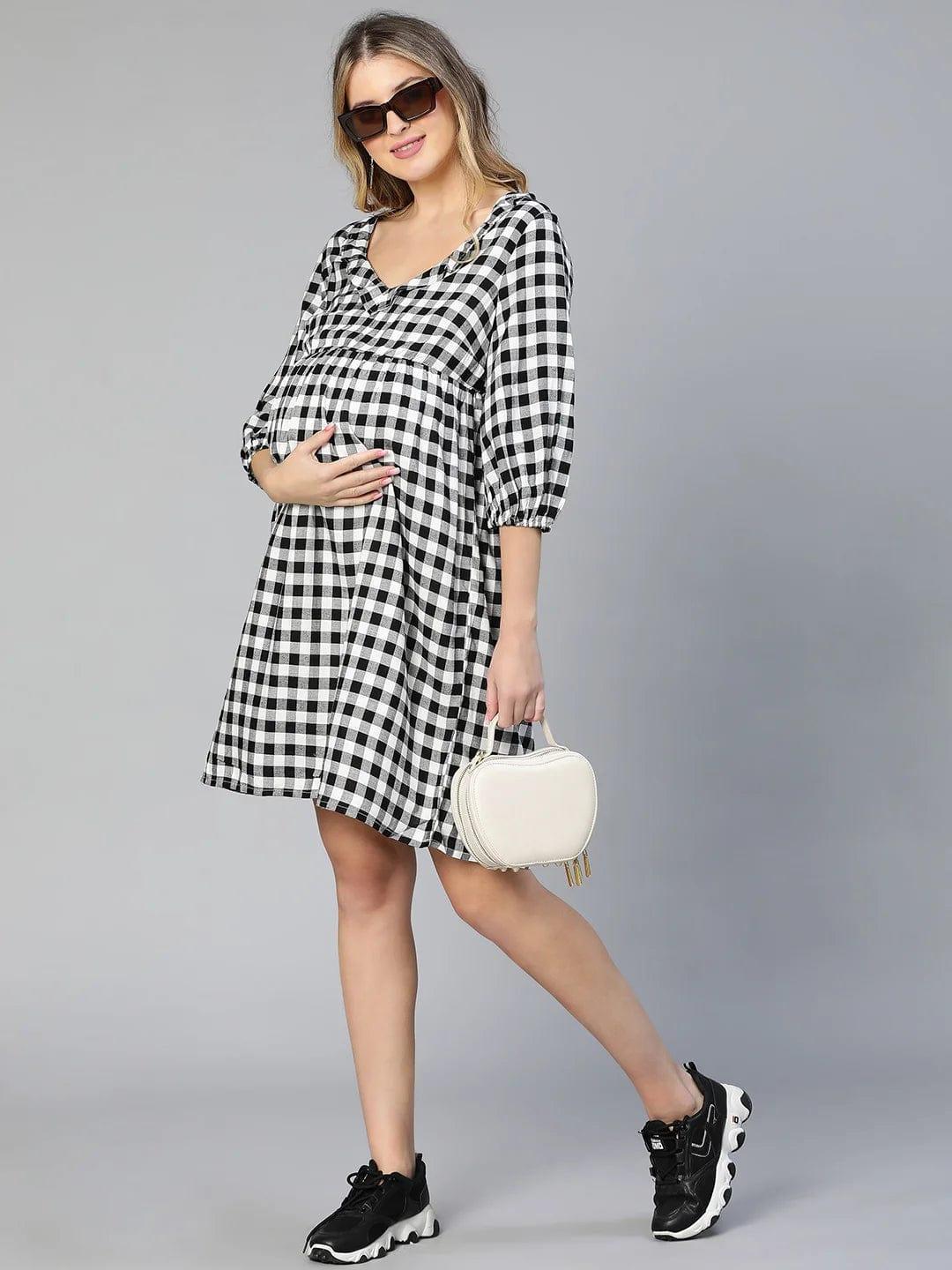 touched-black-ruffled-elasticated-check-print-maternity-dress
