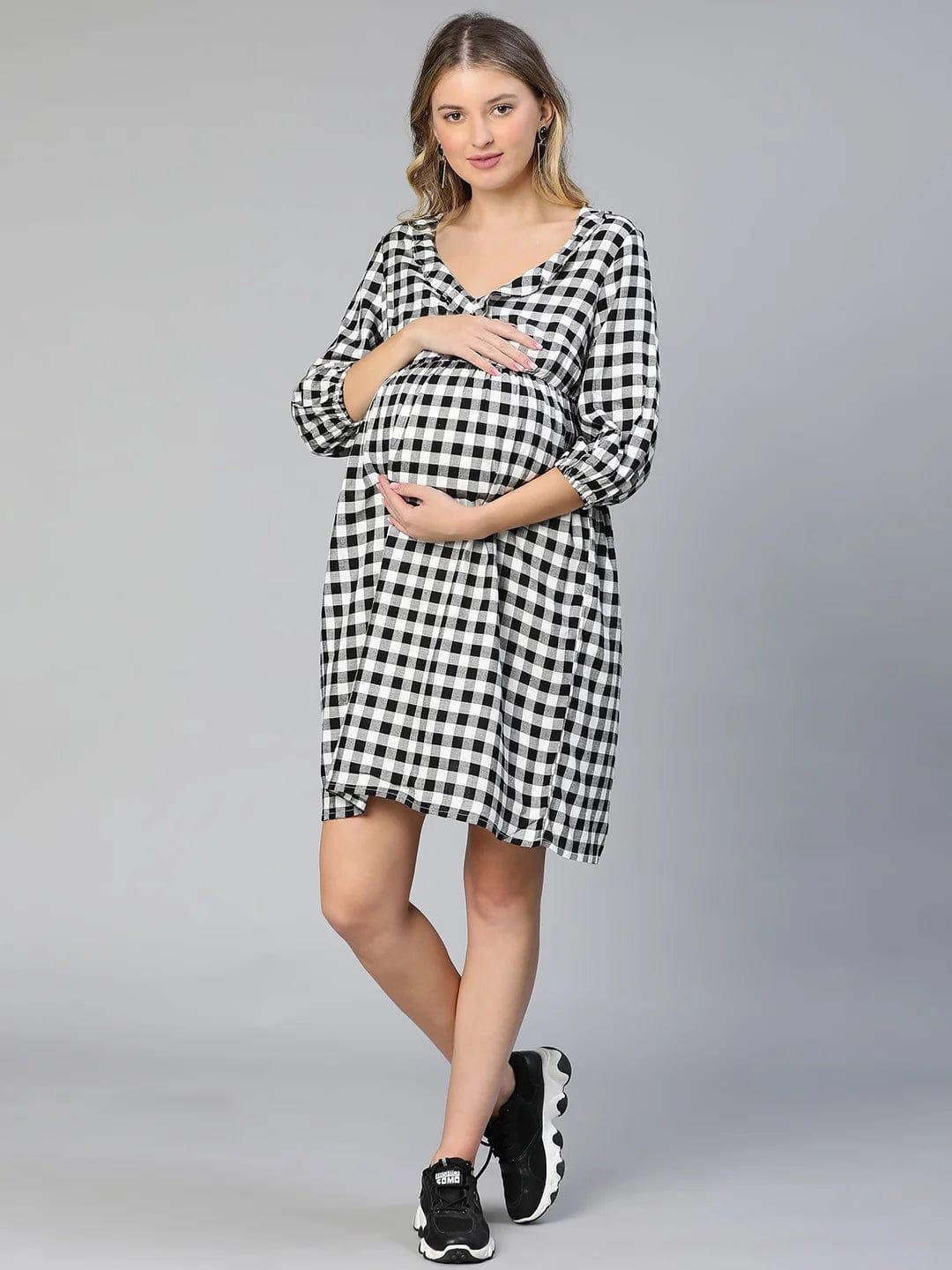 touched-black-ruffled-elasticated-check-print-maternity-dress