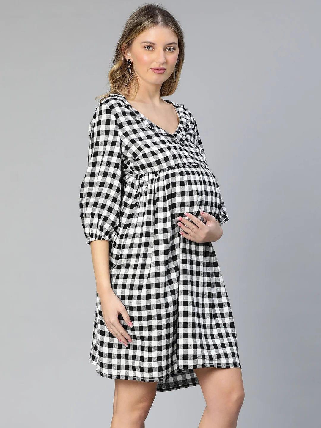 touched-black-ruffled-elasticated-check-print-maternity-dress