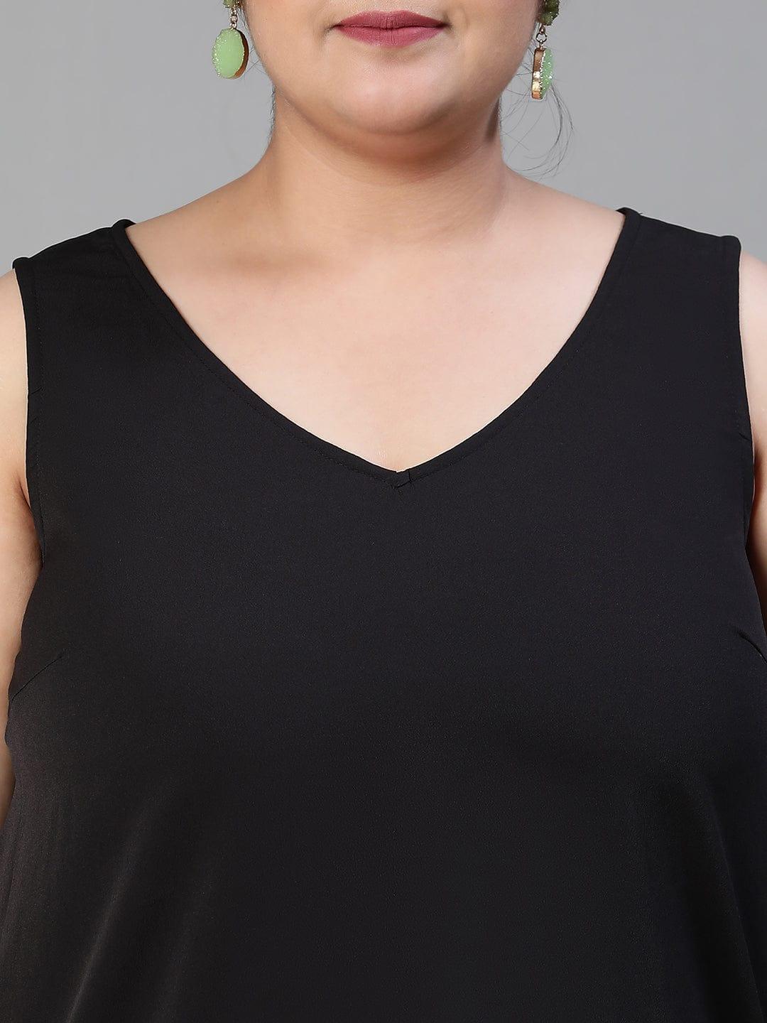 Enhanced Solid Black Sleeveless Plus Size Women Loopy Top - oxolloxo