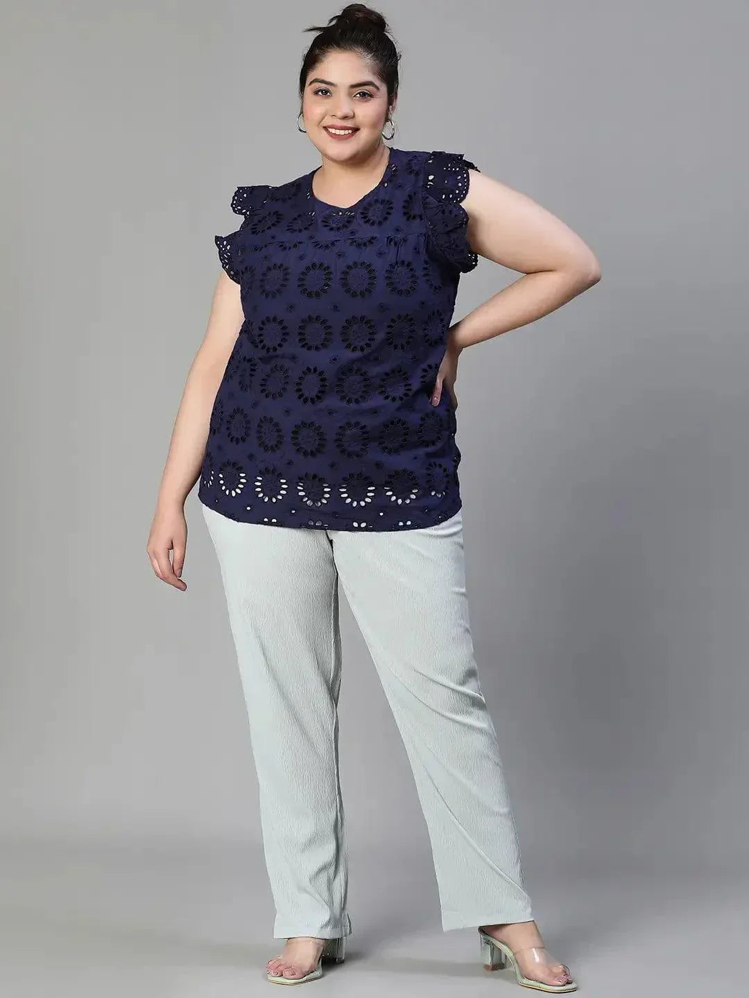 Active Blue Schiffli Petal Sleeve Plus Size Women Cotton Loopy Top - oxolloxo