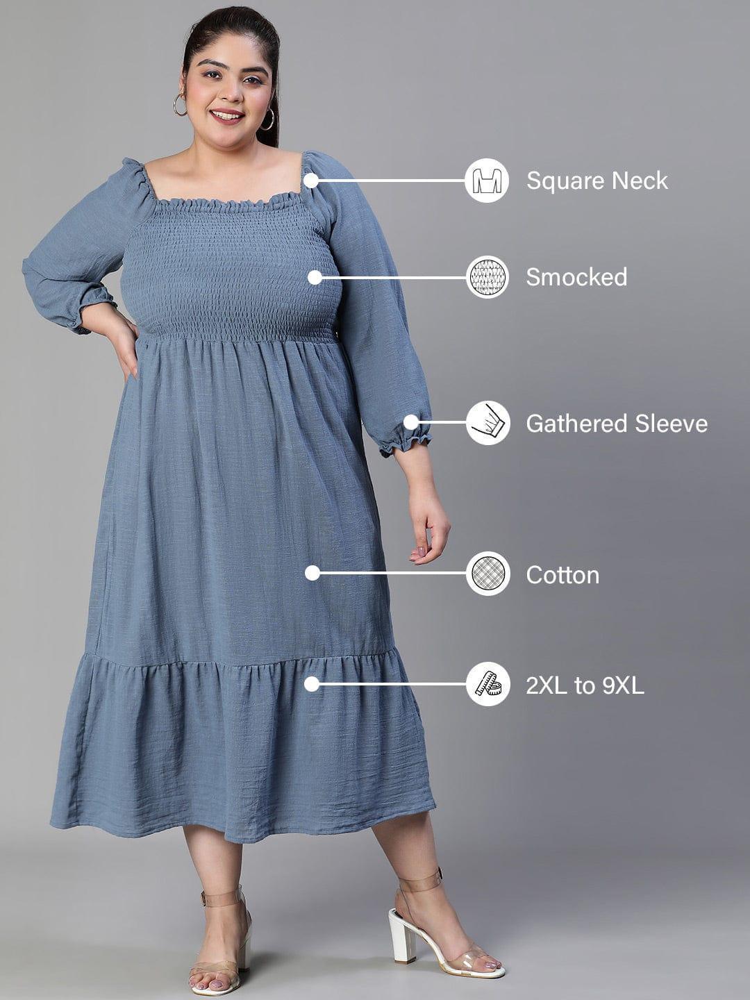 Beyond Grey Smocked Long Plus Size Curvy Maxi Cotton Dress - oxolloxo