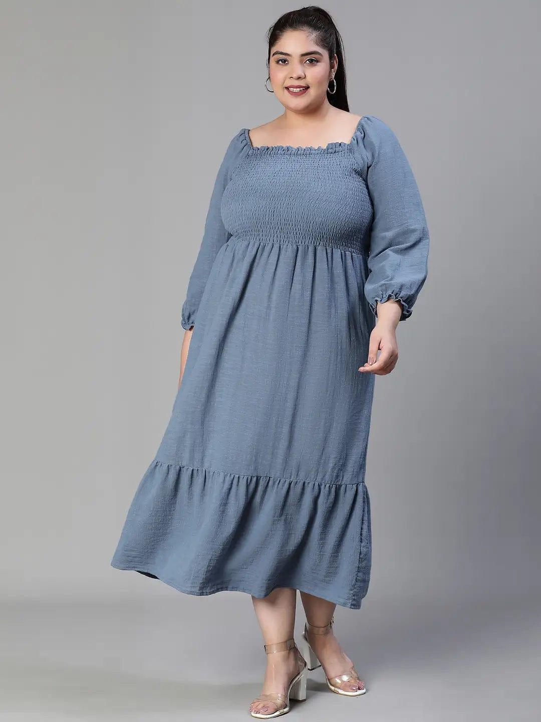 Beyond Grey Smocked Long Plus Size Curvy Maxi Cotton Dress - oxolloxo
