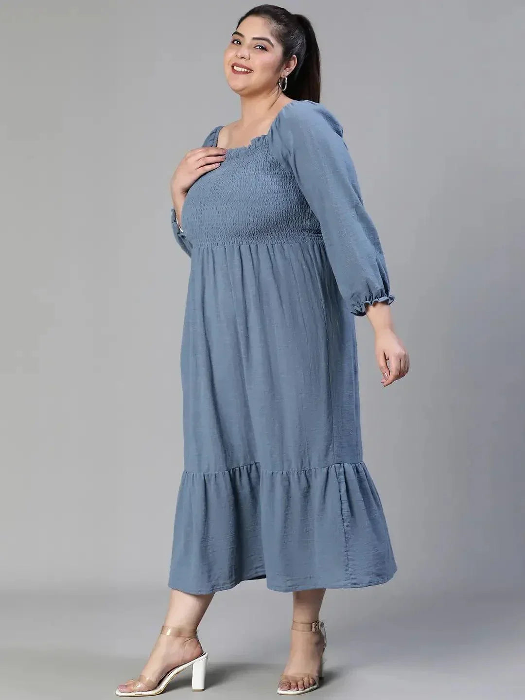 Beyond Grey Smocked Long Plus Size Curvy Maxi Cotton Dress - oxolloxo