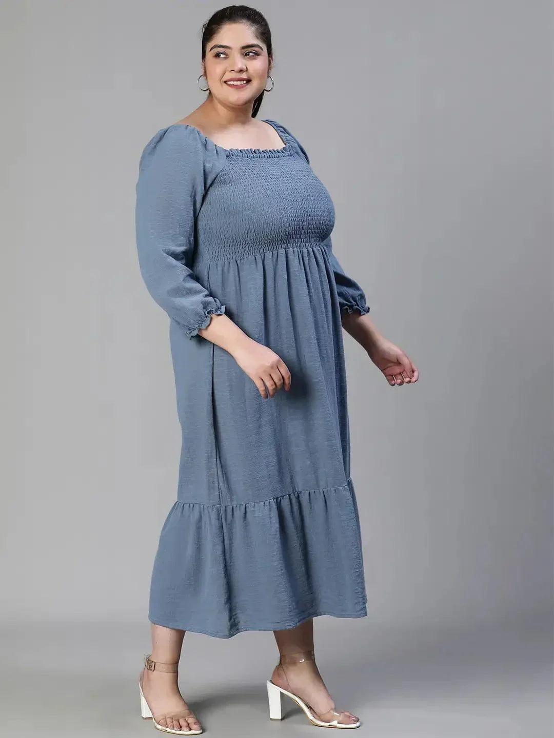 Beyond Grey Smocked Long Plus Size Curvy Maxi Cotton Dress - oxolloxo
