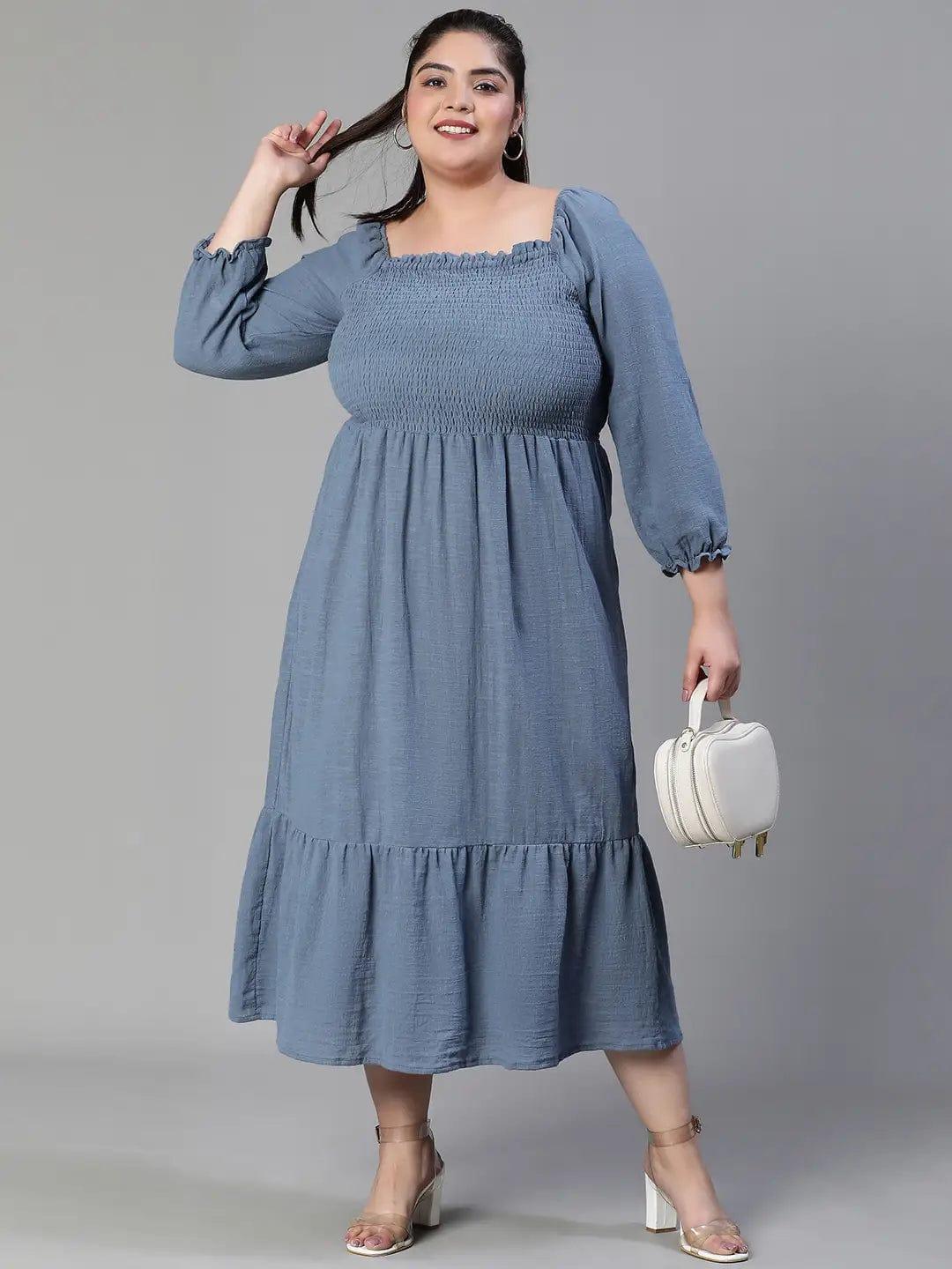 Beyond Grey Smocked Long Plus Size Curvy Maxi Cotton Dress - oxolloxo