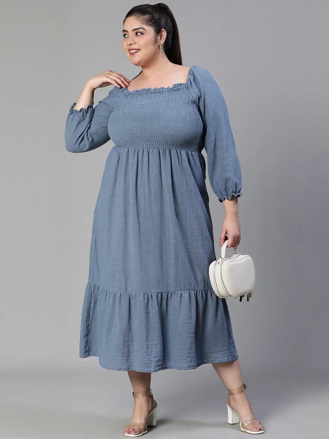 Beyond Grey Smocked Long Plus Size Curvy Maxi Cotton Dress - oxolloxo