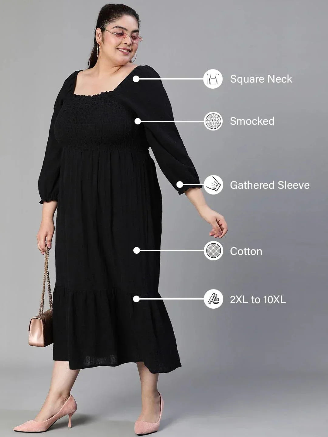 fleek-solid-black-smocked-flare-plus-size-maxi-cotton-dress