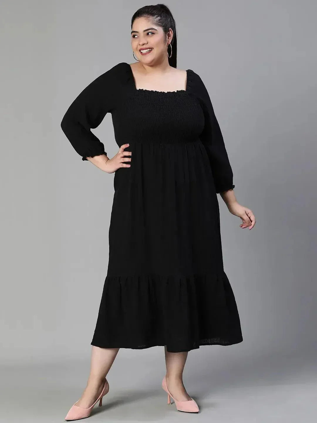 fleek-solid-black-smocked-flare-plus-size-maxi-cotton-dress