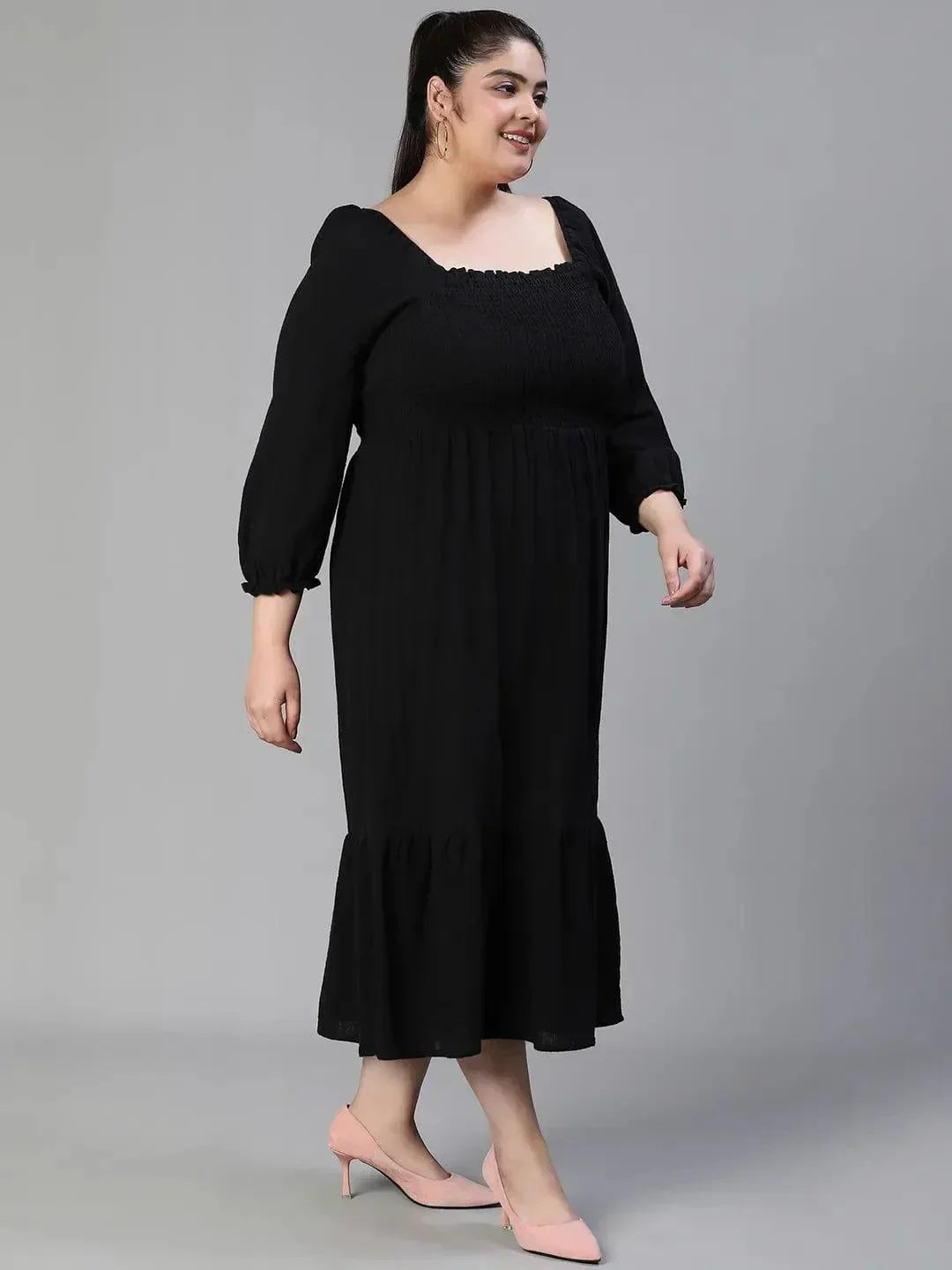fleek-solid-black-smocked-flare-plus-size-maxi-cotton-dress