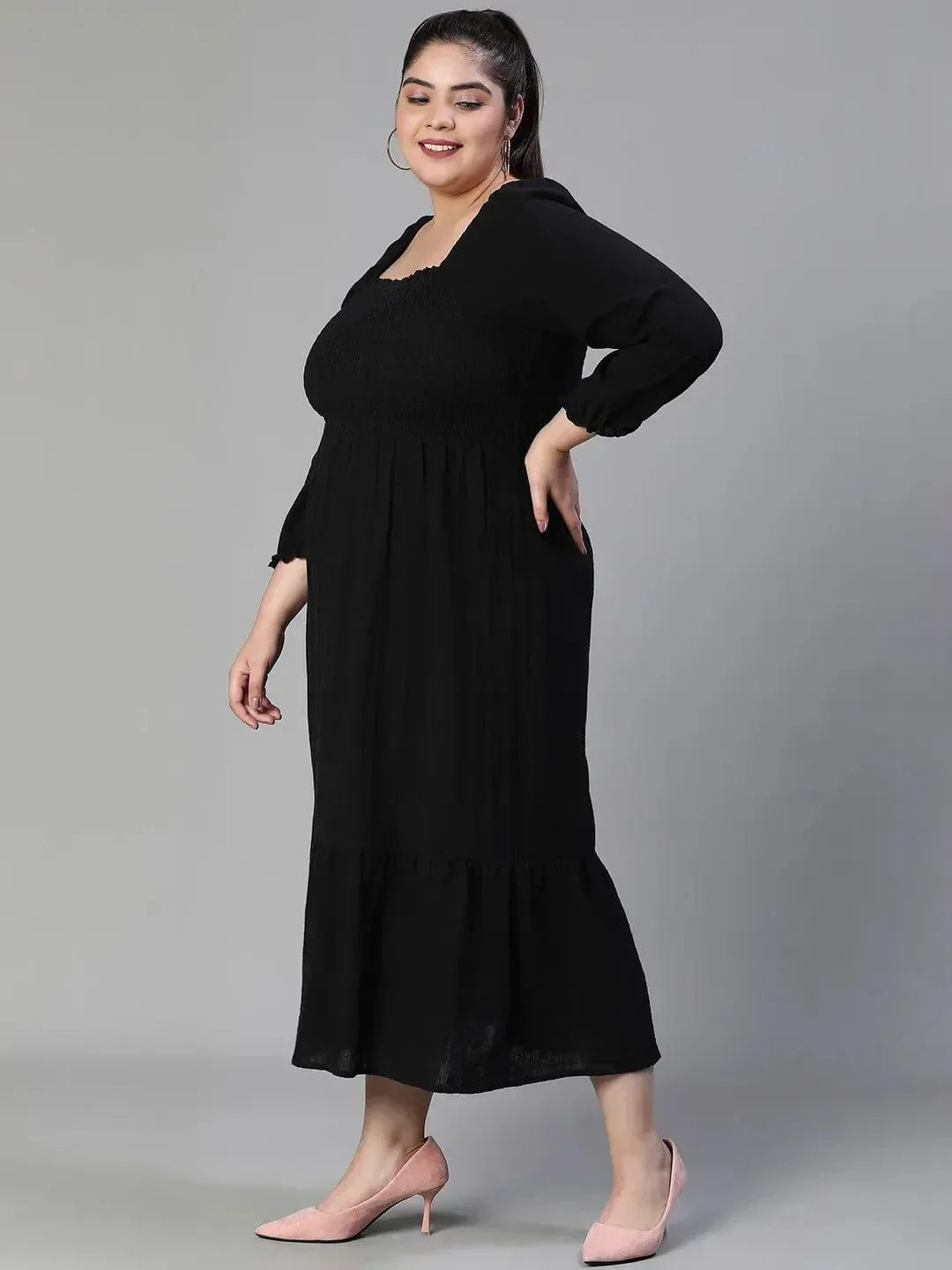 fleek-solid-black-smocked-flare-plus-size-maxi-cotton-dress