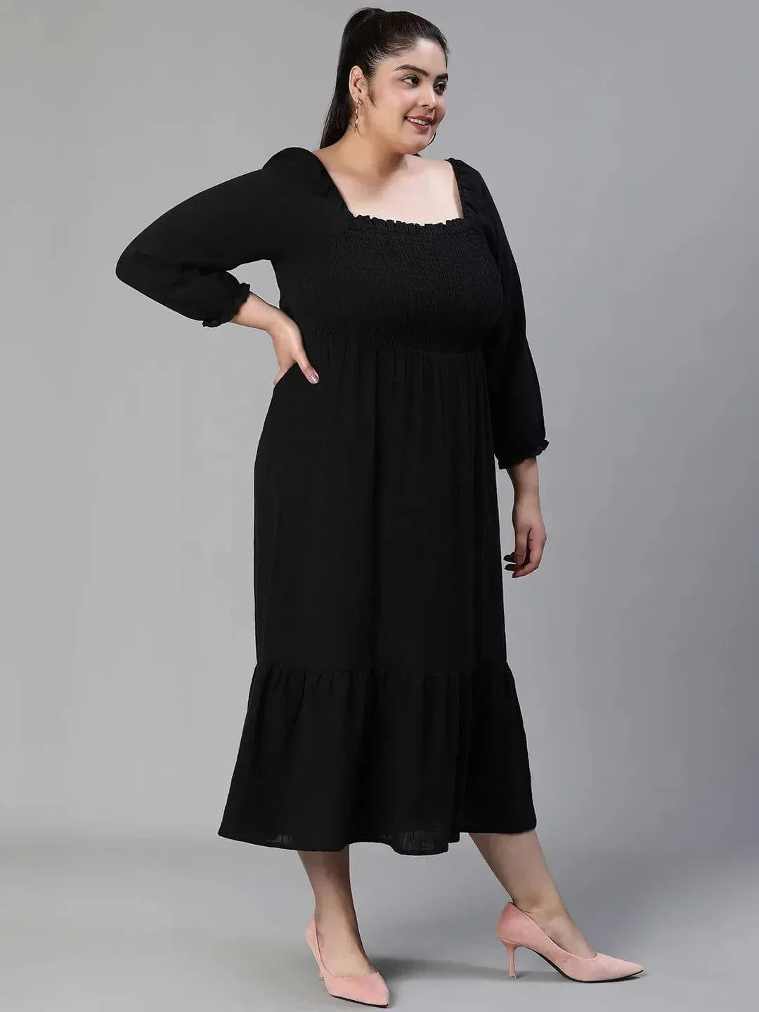 fleek-solid-black-smocked-flare-plus-size-maxi-cotton-dress