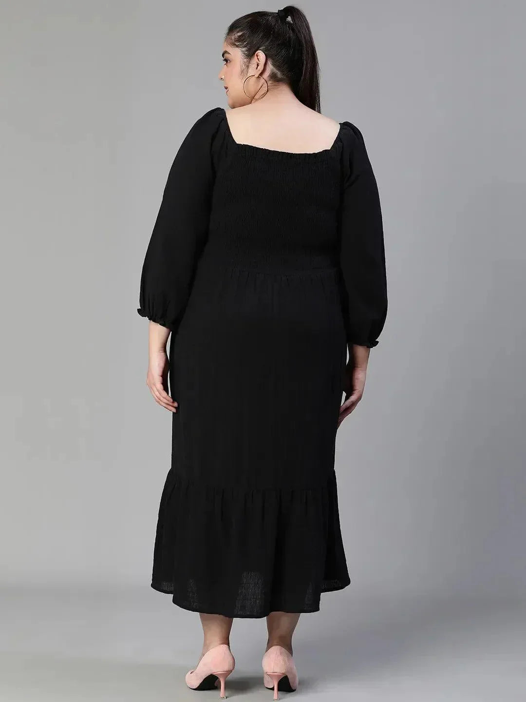 fleek-solid-black-smocked-flare-plus-size-maxi-cotton-dress