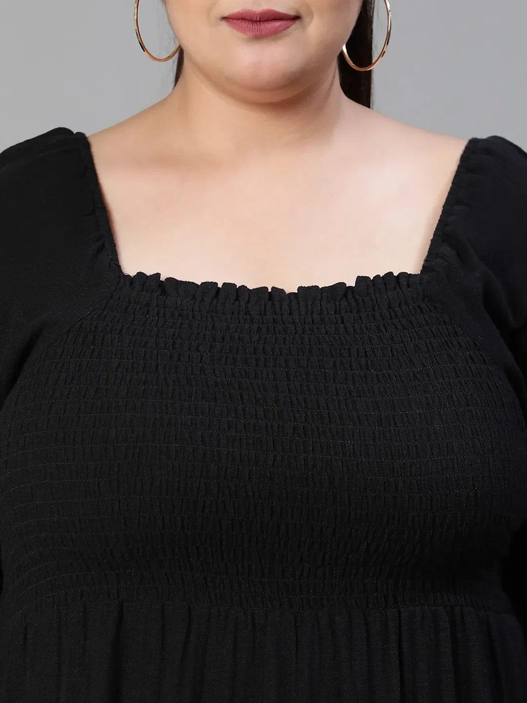 fleek-solid-black-smocked-flare-plus-size-maxi-cotton-dress