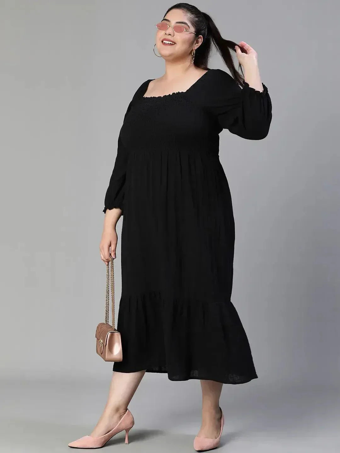 fleek-solid-black-smocked-flare-plus-size-maxi-cotton-dress