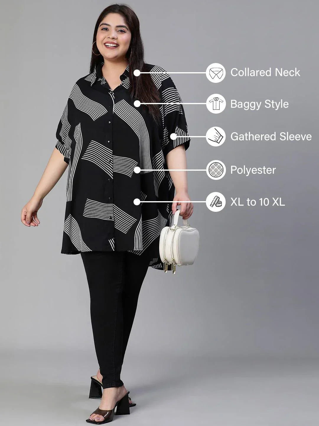 Lash Black Printed Baggy Style Button-Down Plus Size Pluszi Tunics - oxolloxo