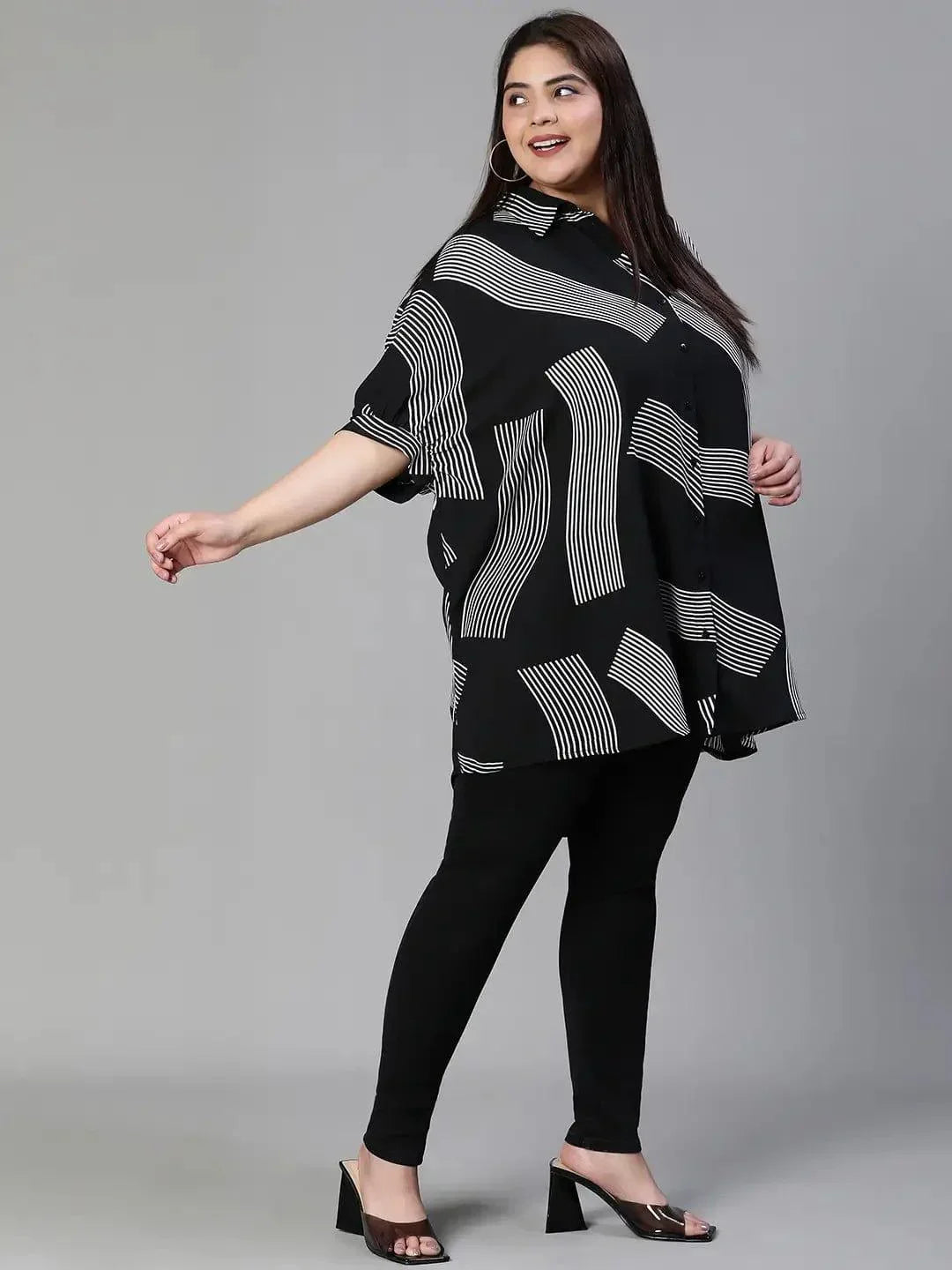 Lash Black Printed Baggy Style Button-Down Plus Size Pluszi Tunics - oxolloxo