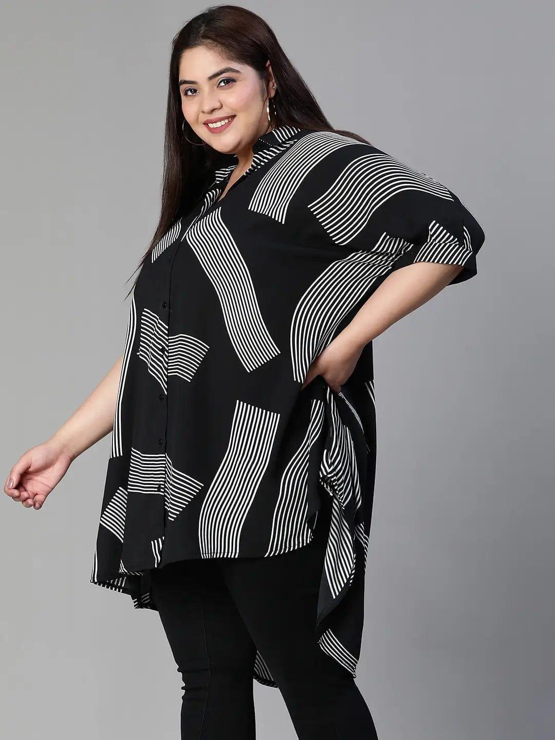 Lash Black Printed Baggy Style Button-Down Plus Size Pluszi Tunics - oxolloxo