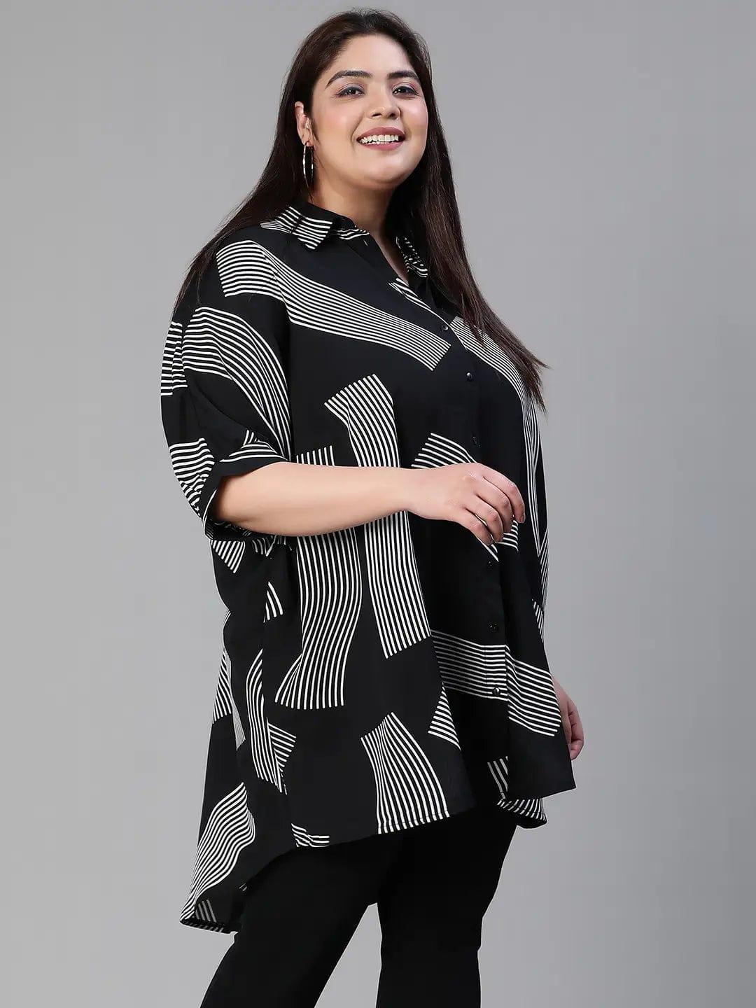 Lash Black Printed Baggy Style Button-Down Plus Size Pluszi Tunics - oxolloxo