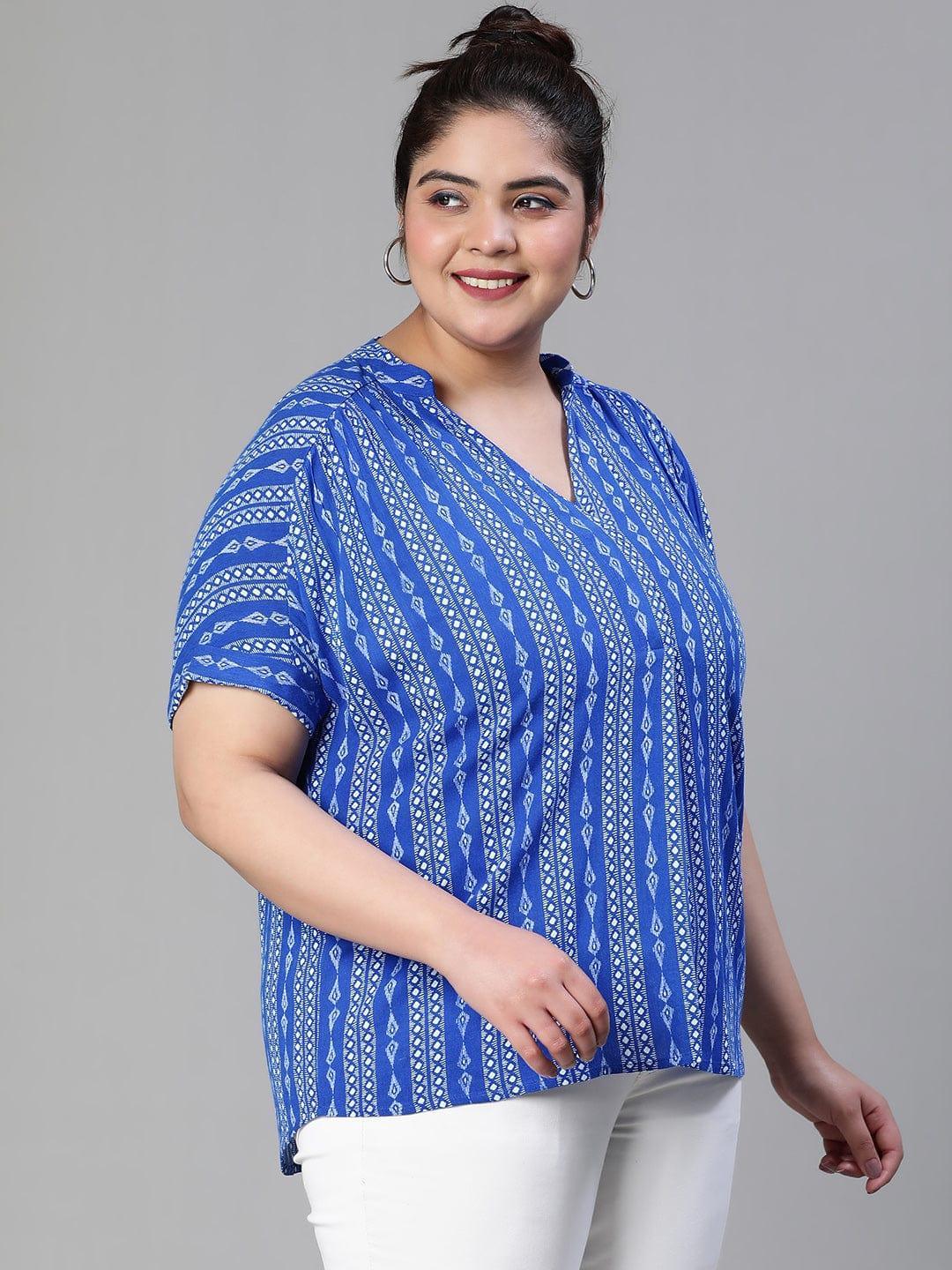 Cobalt Blue Print Plus Size Women Casual Loopy Top - oxolloxo
