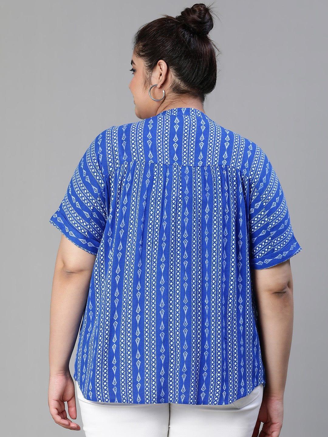 Cobalt Blue Print Plus Size Women Casual Loopy Top - oxolloxo