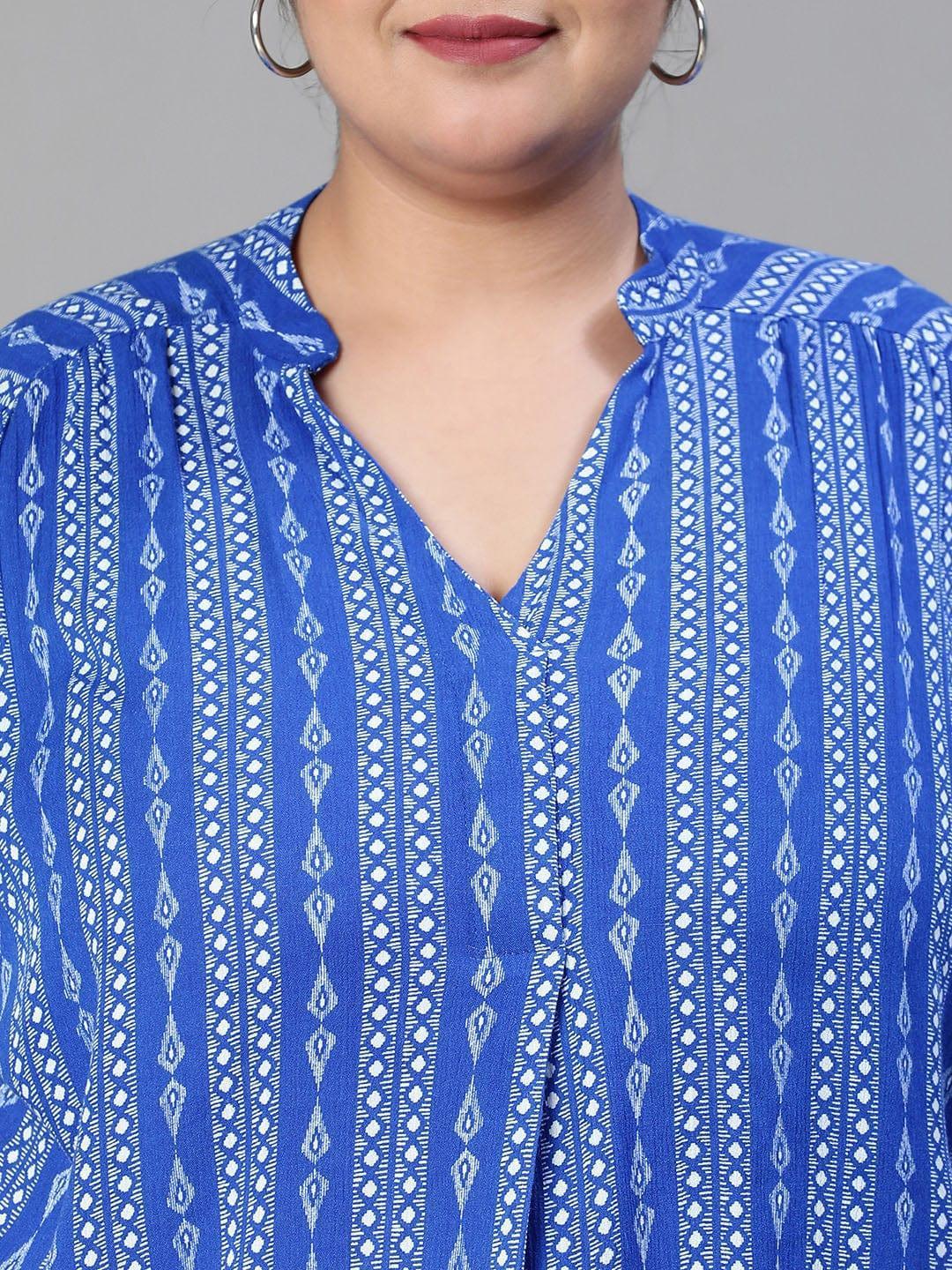 Cobalt Blue Print Plus Size Women Casual Loopy Top - oxolloxo