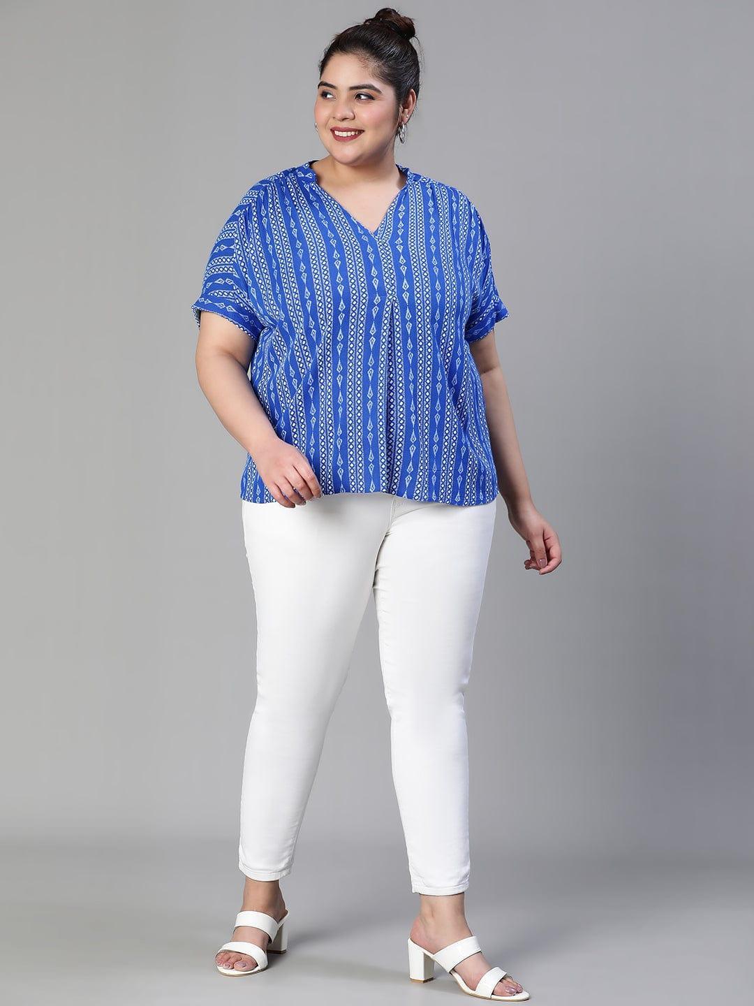 Cobalt Blue Print Plus Size Women Casual Loopy Top - oxolloxo