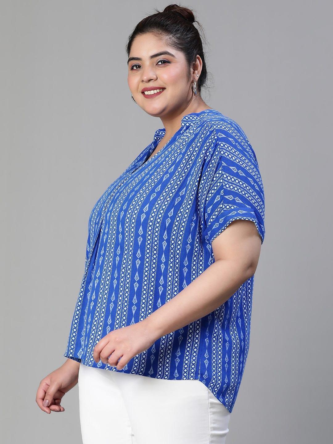Cobalt Blue Print Plus Size Women Casual Loopy Top - oxolloxo