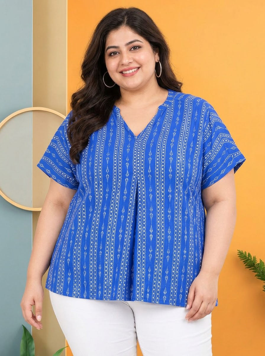 Plus Size Blue Printed Viscose Top