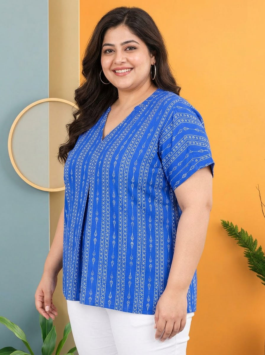 Plus Size Blue Printed Viscose Top