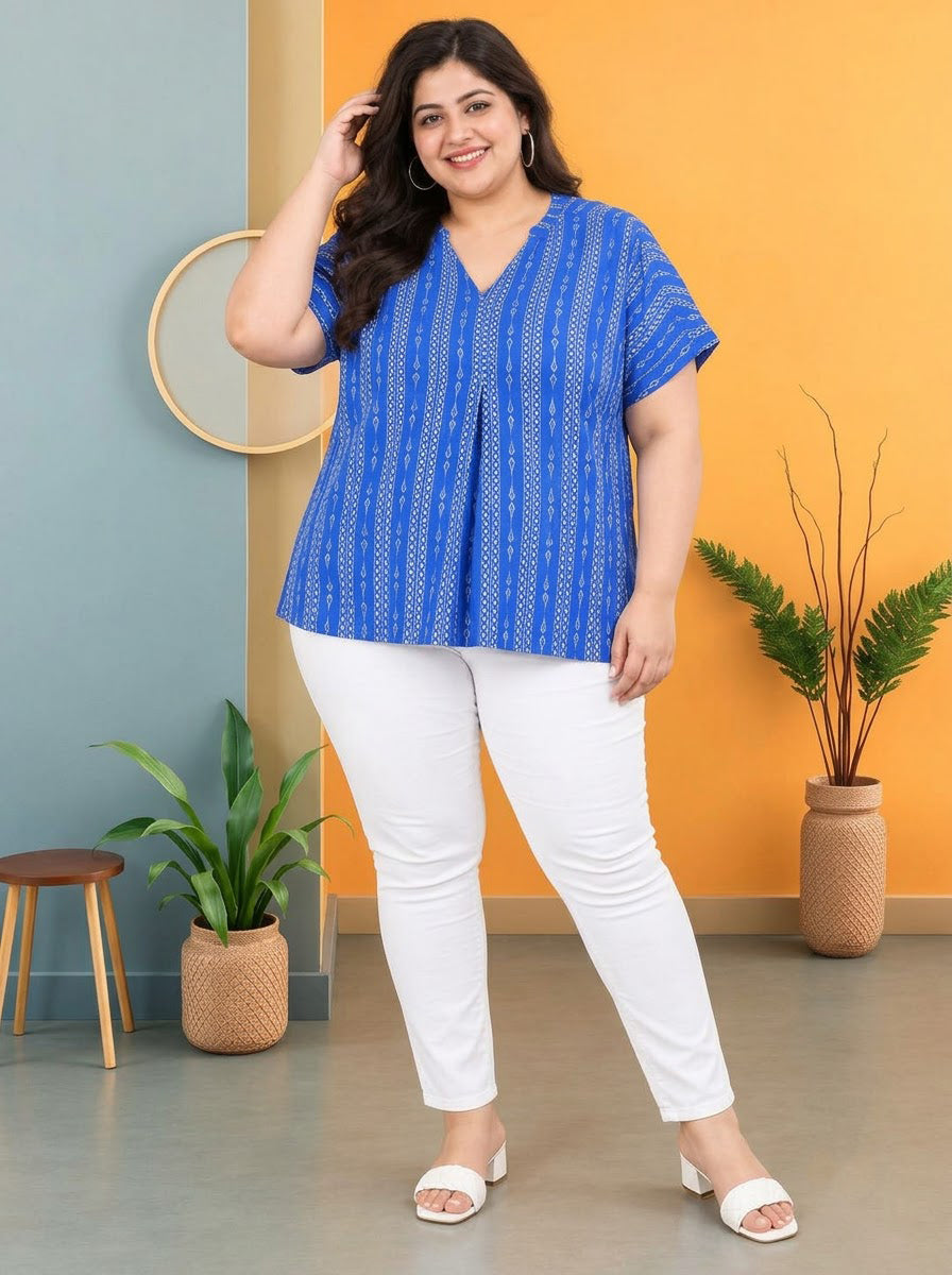 Plus Size Blue Printed Viscose Top