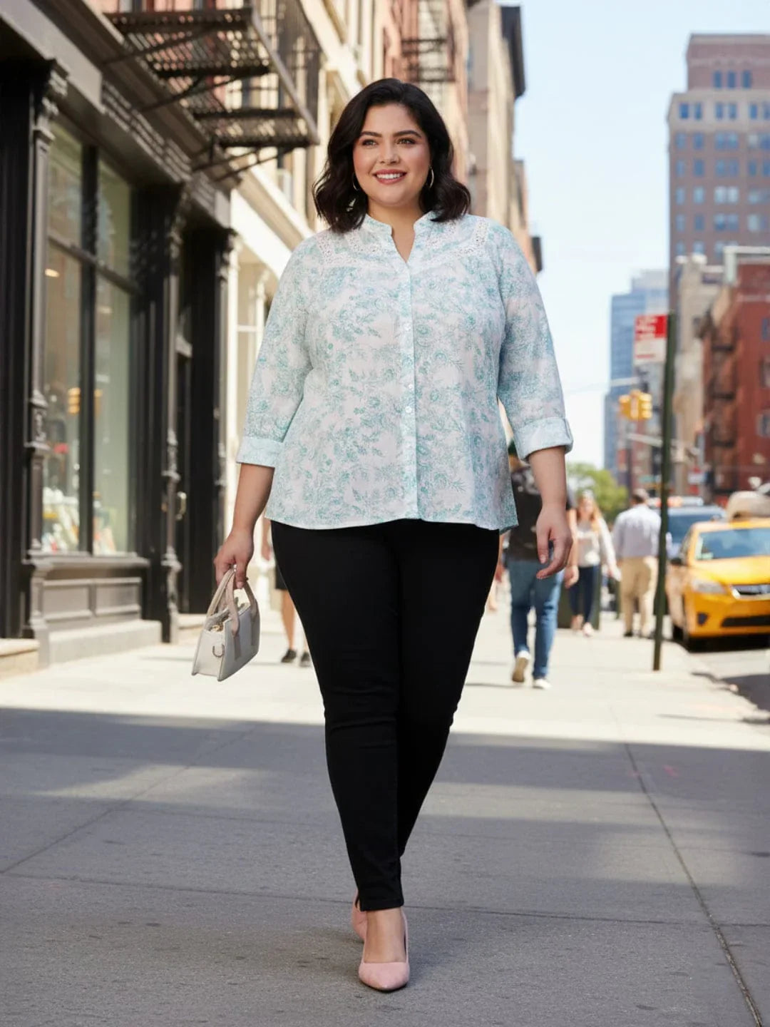Plus Size Green Floral Print Cotton Shirt