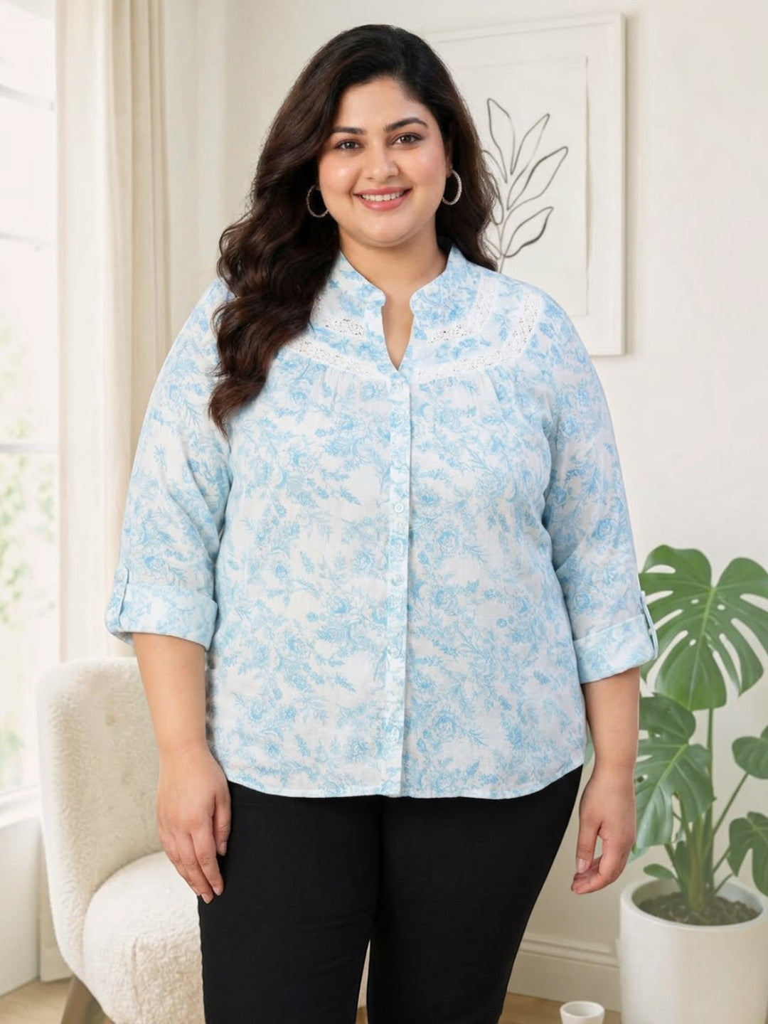 Plus Size Green Floral Print Cotton Shirt