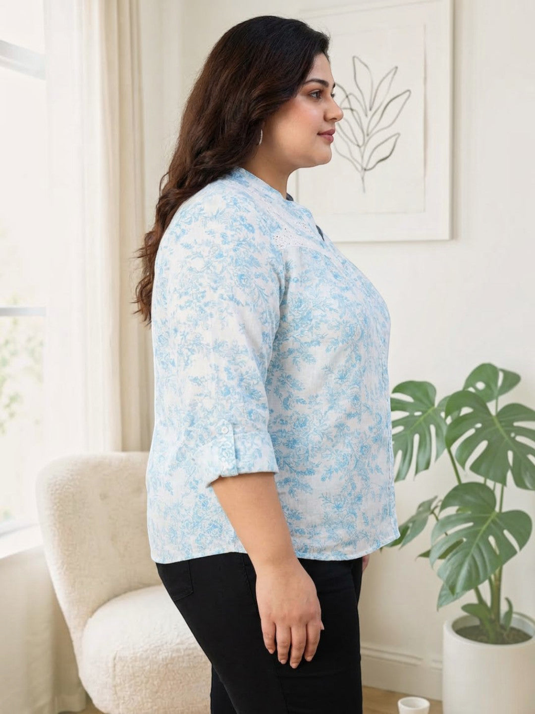 Plus Size Green Floral Print Cotton Shirt