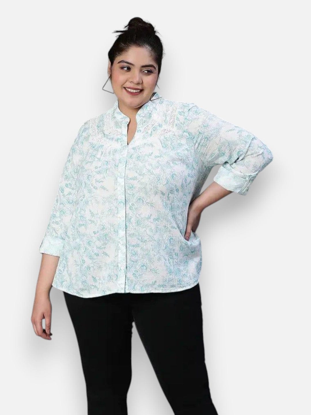 Plus Size Green Floral Print Cotton Shirt