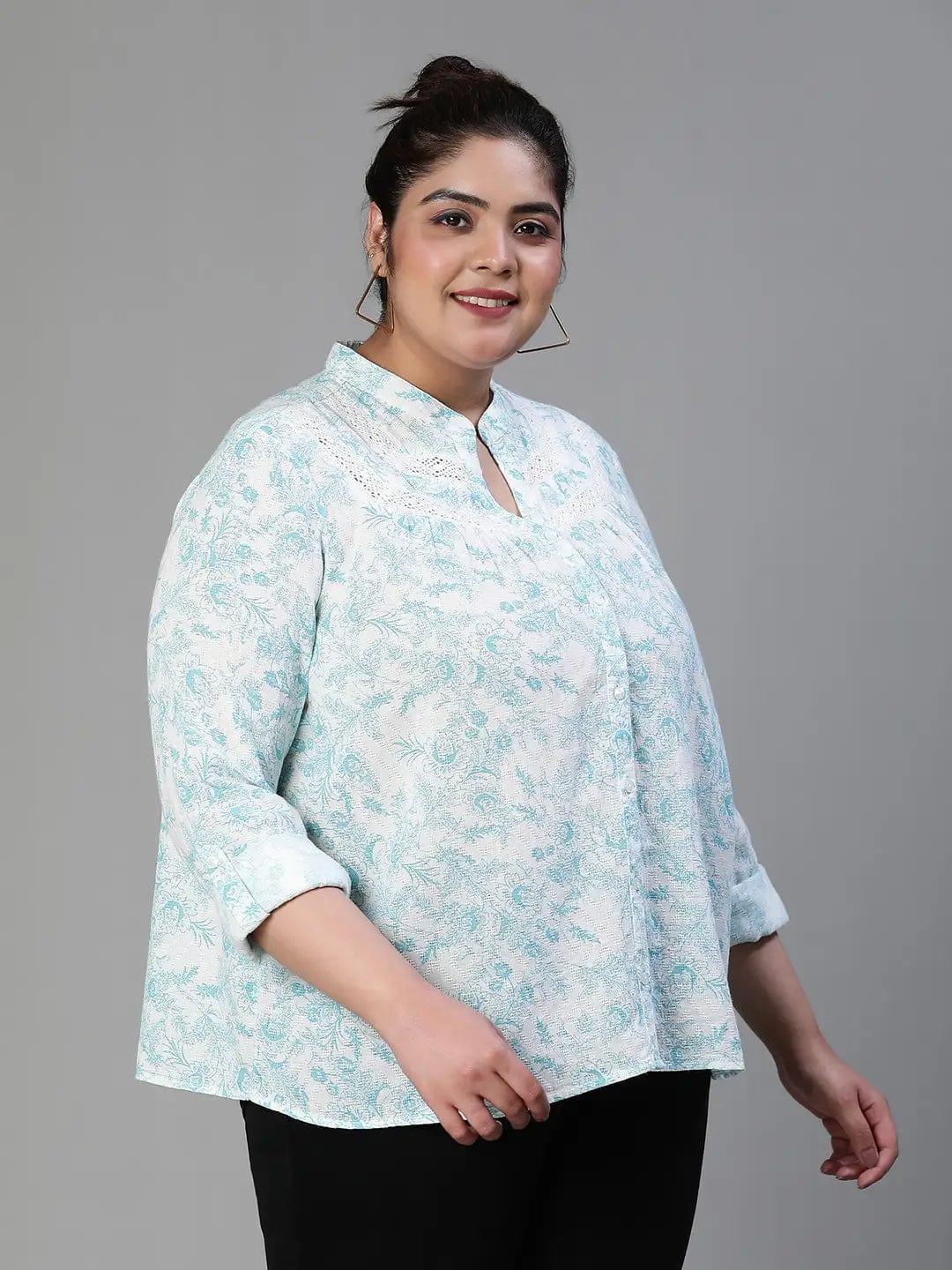 Green Crush Floral Print Buttoned Plus Size Cotton Shirt - oxolloxo