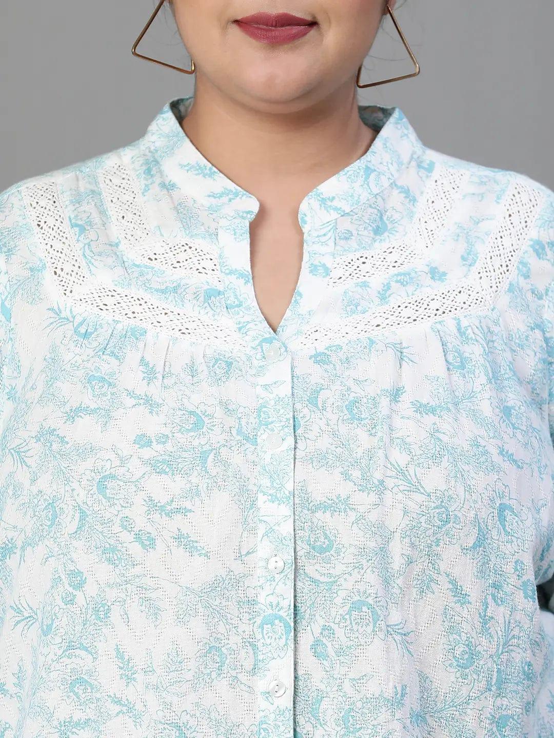 Green Crush Floral Print Buttoned Plus Size Cotton Shirt - oxolloxo
