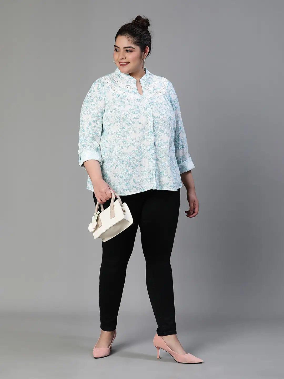 Green Crush Floral Print Buttoned Plus Size Cotton Shirt - oxolloxo