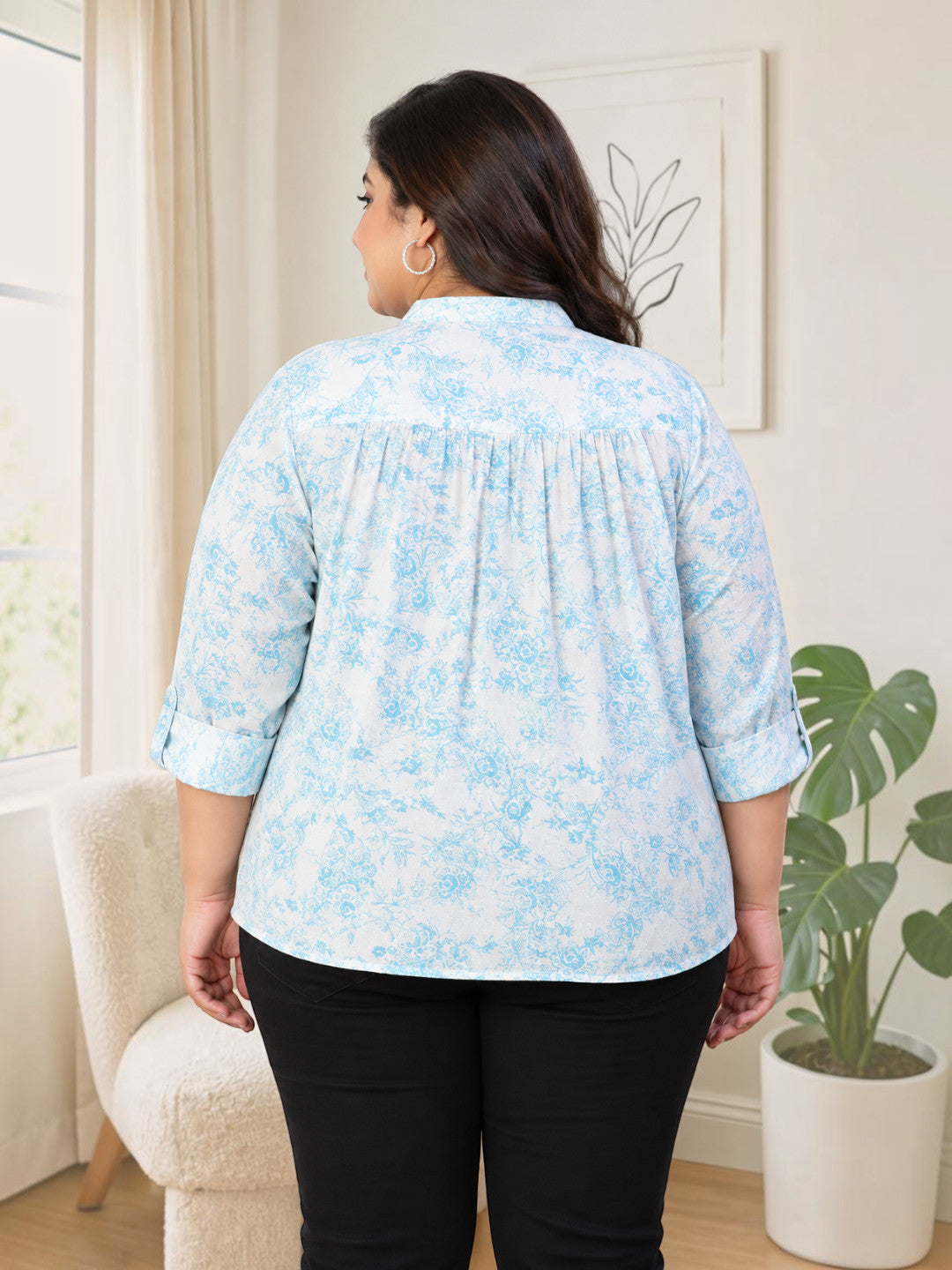 Plus Size Green Floral Print Cotton Shirt