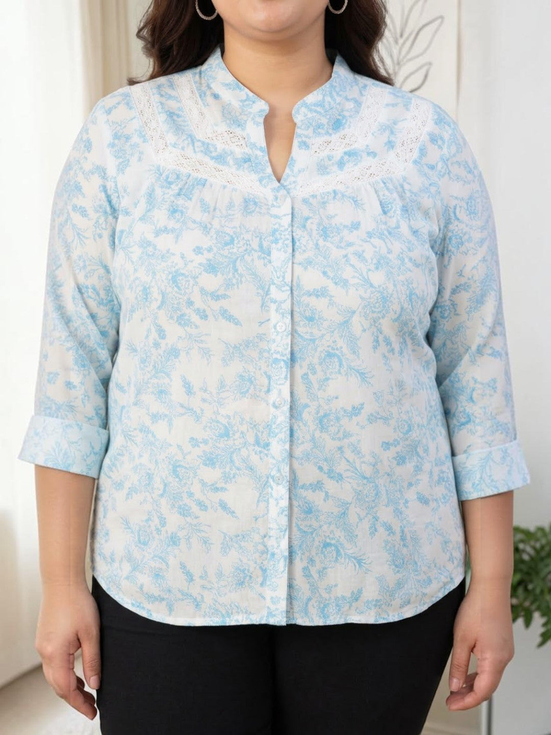 Plus Size Green Floral Print Cotton Shirt