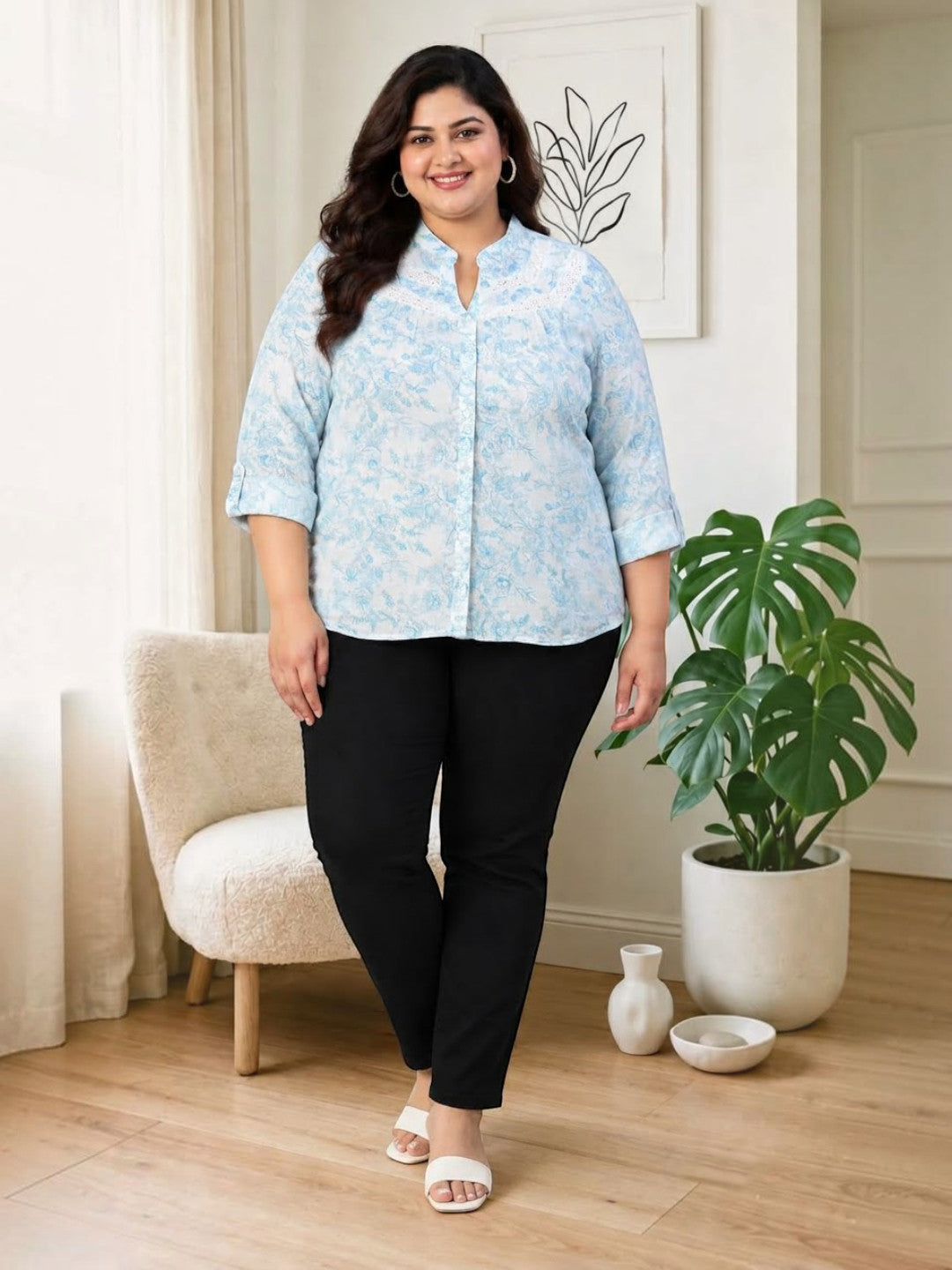 Plus Size Green Floral Print Cotton Shirt