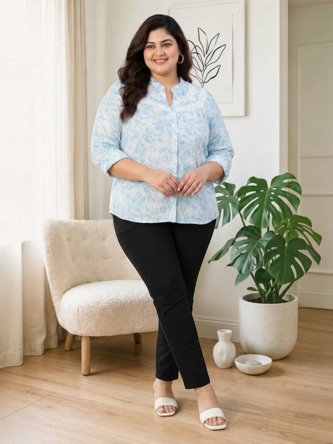 Plus Size Green Floral Print Cotton Shirt